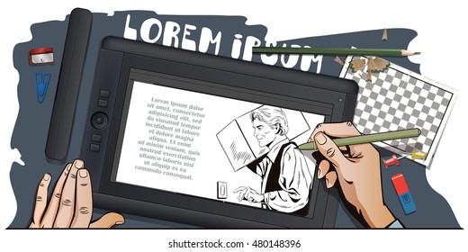 Stock illustration. People in retro style pop art and vintage advertising. Delivery man with a parcel. Hand paints picture on tablet.