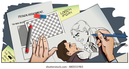 Stock illustration. People in retro style pop art and vintage advertising. Conflict men. Fight businessman. Hand paints picture.