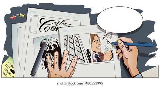 Stock illustration. People in retro style pop art and vintage advertising. Conflict men. Fight businessman. Hand paints picture.