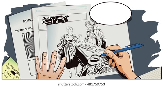 Stock illustration. People in retro style pop art and vintage advertising. Private detective and girl. Hand paints picture.