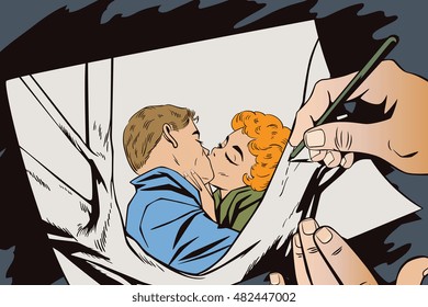 Stock illustration. People in retro style pop art and vintage advertising. Kiss of a loving couple. Hand paints picture.