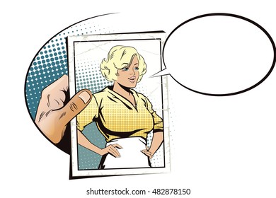 Stock illustration. People in retro style pop art and vintage advertising. Hand with photo. Girl from cleaning service. 