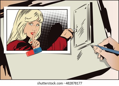 Stock illustration. People in retro style pop art and vintage advertising. Hand paints picture. Girl calls for silence, opening safe.