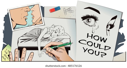 Stock illustration. People in retro style pop art and vintage advertising. Broken heart. Girl lies on bed and crying. Hand paints picture.