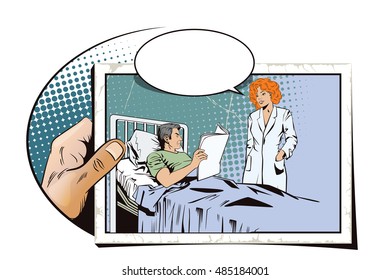 Stock illustration. People in retro style pop art and vintage advertising. Nurse near a patient man. Hand with photo.