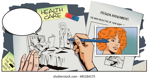 Stock illustration. People in retro style pop art and vintage advertising. Nurse near a patient man. Hand paints picture.
