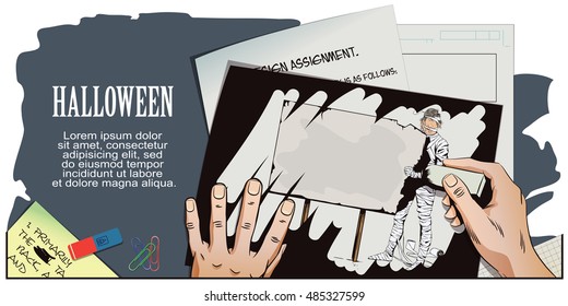 Stock illustration. People in retro style pop art and vintage advertising. Man wrapped in toilet paper. Funny mummy. Happy Halloween. Hand paints picture.