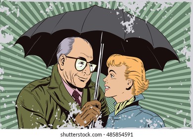 Stock illustration. People in retro style pop art and vintage advertising. Elderly man and beautiful girl under an umbrella.