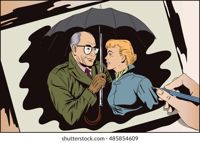 Stock illustration. People in retro style pop art and vintage advertising. Elderly man and beautiful girl under an umbrella. Hand paints picture.