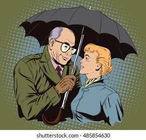 Stock illustration. People in retro style pop art and vintage advertising. Elderly man and beautiful girl under an umbrella.