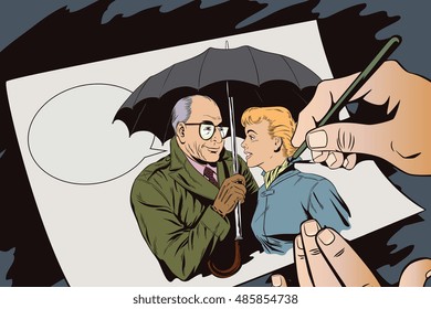 Stock illustration. People in retro style pop art and vintage advertising. Elderly man and beautiful girl under an umbrella. Hand paints picture.