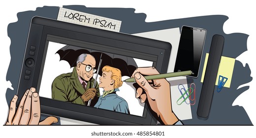 Stock illustration. People in retro style pop art and vintage advertising. Elderly man and beautiful girl under an umbrella. Hand paints picture on tablet.