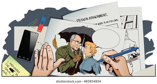 Stock illustration. People in retro style pop art and vintage advertising. Elderly man and beautiful girl under an umbrella. Hand paints picture.