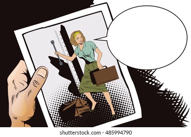 Stock illustration. People in retro style pop art and vintage advertising. Girl in the train. Start travel. Bon Voyage. Hand with photo.