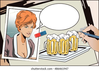 Stock illustration. People in retro style pop art and vintage advertising. Hand paints picture. Girl waitress with beer.
