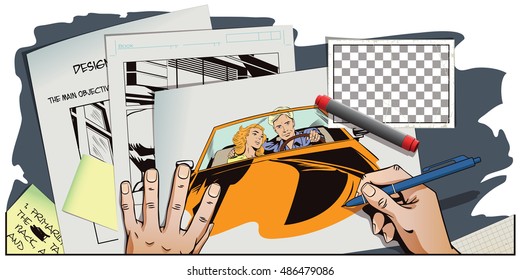 Stock illustration. People in retro style pop art and vintage advertising. Guy and girl in a sports car. Hand paints picture.