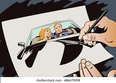 Stock illustration. People in retro style pop art and vintage advertising. Guy and girl in a sports car. Hand paints picture.