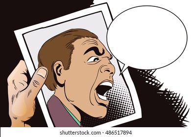 Stock illustration. People in retro style pop art and vintage advertising. Men swear. Hand with photo.