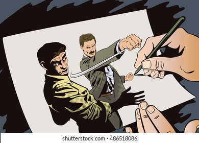 Stock illustration. People in retro style pop art and vintage advertising. Fight of two men. Hand paints picture.