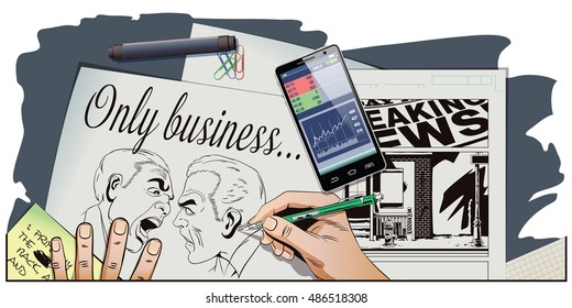 Stock illustration. People in retro style pop art and vintage advertising. Two men swear. Hand paints picture.