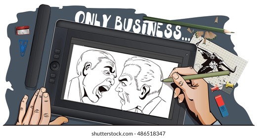 Stock illustration. People in retro style pop art and vintage advertising. Two men swear. Hand paints picture on tablet.