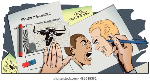 Stock illustration. People in retro style pop art and vintage advertising. Two men swear. Hand paints picture.