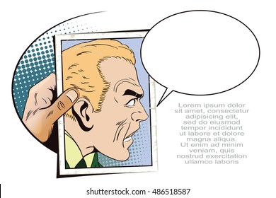 Stock illustration. People in retro style pop art and vintage advertising. Men swear. Hand with photo.