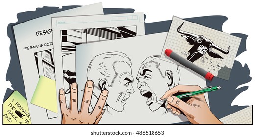 Stock illustration. People in retro style pop art and vintage advertising. Two men swear. Hand paints picture.