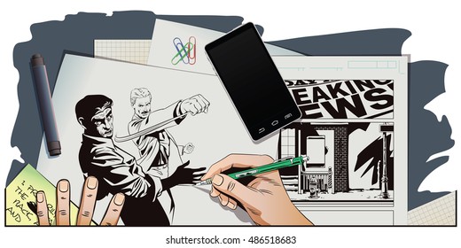 Stock illustration. People in retro style pop art and vintage advertising. Fight of two men. Hand paints picture.