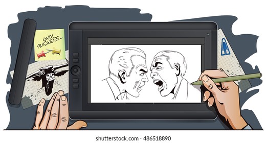 Stock illustration. People in retro style pop art and vintage advertising. Two men swear. Hand paints picture on tablet.
