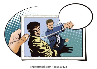 Stock illustration. People in retro style pop art and vintage advertising. Fight of two men. Hand with photo.
