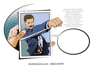 Stock illustration. People in retro style pop art and vintage advertising. Man beats his fist. Hand with photo.