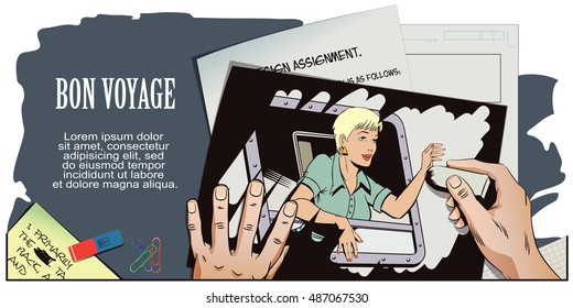 Stock illustration. People in retro style pop art and vintage advertising. Girl in the train. Start travel. Bon Voyage. Hand paints picture.