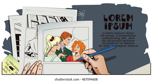 Stock illustration. People in retro style pop art and vintage advertising. Men and girls talking. Gossip at party. Hand paints picture.