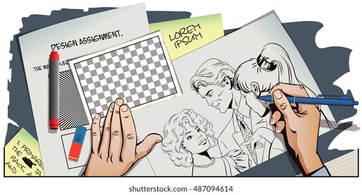 Stock illustration. People in retro style pop art and vintage advertising. Men and girls talking. Gossip at party. Hand paints picture.
