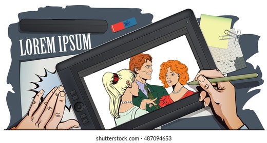 Stock illustration. People in retro style pop art and vintage advertising. Men and girls talking. Gossip at party. Hand paints picture on tablet.