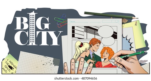 Stock illustration. People in retro style pop art and vintage advertising. Men and girls talking. Gossip at party. Hand paints picture.