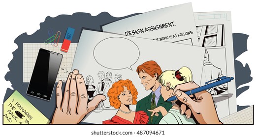 Stock illustration. People in retro style pop art and vintage advertising. Men and girls talking. Gossip at party. Hand paints picture.