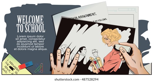 Stock illustration. People in retro style pop art and vintage advertising. Welcome to school. Back to school. Beautiful girl going to school. Guys look at her. Hand paints picture.