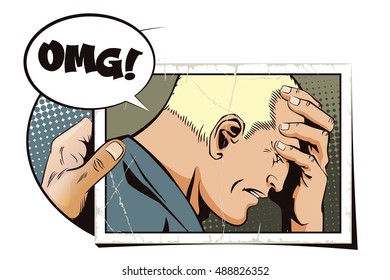 Stock illustration. People in retro style pop art and vintage advertising. Hand with photo. Upset man clutching his head.