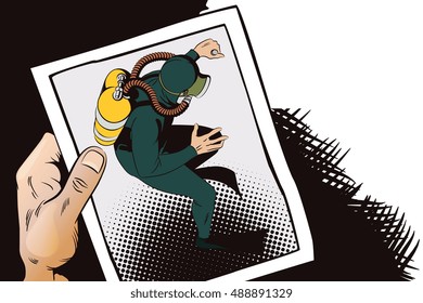 Stock illustration. People in retro style pop art and vintage advertising. Hand with photo. Diver.