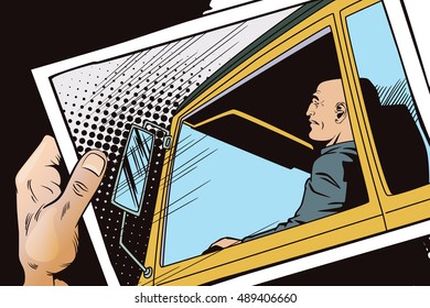 Stock illustration. People in retro style pop art and vintage advertising. Driver behind wheel of truck. Hand with photo.