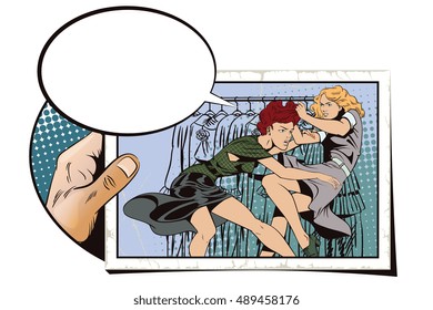 Stock illustration. People in retro style pop art and vintage advertising. Girls fighting. Sale. Discounts at store. Hand with photo.