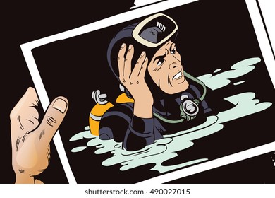 Stock illustration. People in retro style pop art and vintage advertising. Hand paints picture. Diver. 