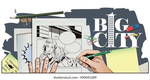 Stock illustration. People in retro style pop art and vintage advertising. Woman soothes upset man. Bankruptcy. Business failure. Hand paints picture.