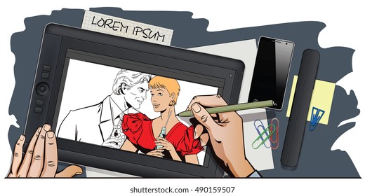 Stock illustration. People in retro style pop art and vintage advertising. Loving couple with bottles of lemonade. Hand paints picture on tablet.