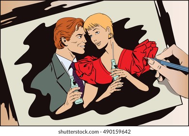 Stock illustration. People in retro style pop art and vintage advertising. Loving couple with bottles of lemonade. Hand paints picture.