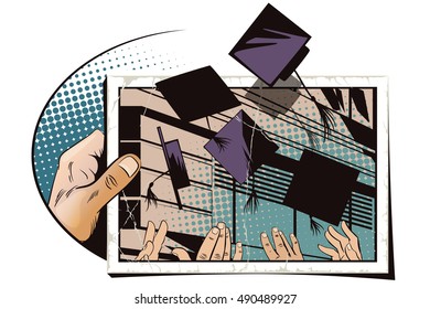 Stock illustration. People in retro style pop art and vintage advertising. People throw academic caps. Hand with photo.