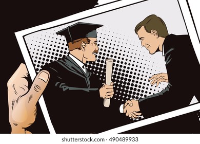 Stock illustration. People in retro style pop art and vintage advertising. Teacher presents diploma student. Hand with photo.