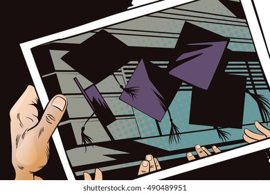 Stock illustration. People in retro style pop art and vintage advertising. People throw academic caps. Hand with photo.